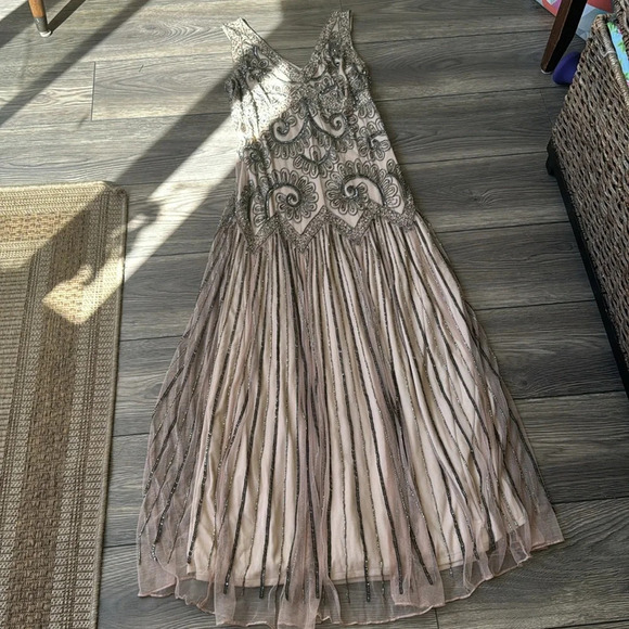 Beaded evening gown nude sheer wedding formal sleeveless natural size 10 dress - Picture 3 of 13